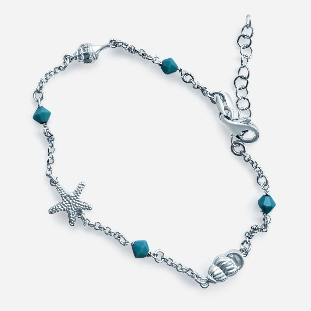 Silber Armband mit Seestern, Muschel Anhänger und blauen Perlen, maritimer Schmuck