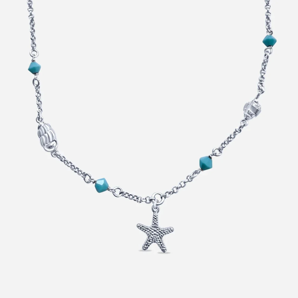 Silberkette mit Seestern-Anhänger, türkisfarbenen Perlen und maritimen Details