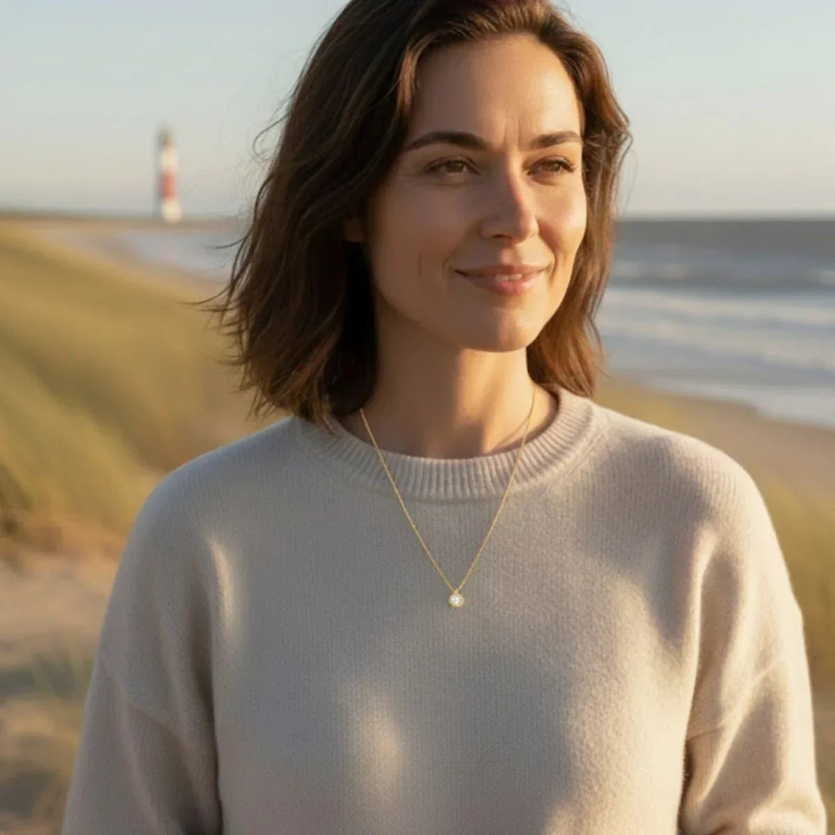 Frau am Strand mit goldener Kette und maritimem Anhänger, Leuchtturm im Hintergrund
