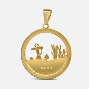 Goldener runder Anhänger mit Anker-Motiv, Strand und Gräser, maritimer Schmuck