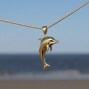 Goldener Delfin-Anhänger an Kette, maritimer Schmuck vor unscharfem Strand