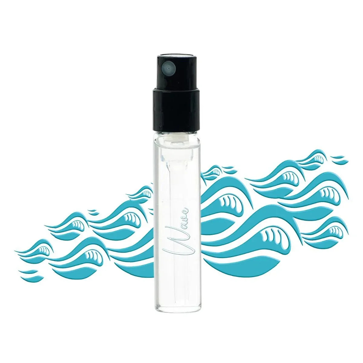 Duftprobe Parfum-Flakon mit schwarzem Sprühkopf, Meereswellen Grafik im Hintergrund