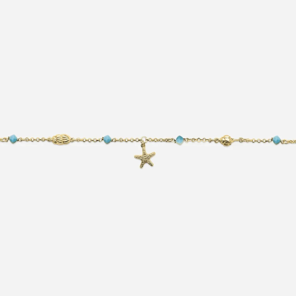 Goldene Kette mit Seestern-Anhänger und blauen Perlen, maritimer Schmuck
