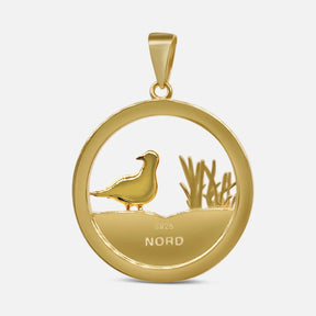 Goldener runder Anhänger mit Möwenmotiv und Dünen, maritimer Schmuck