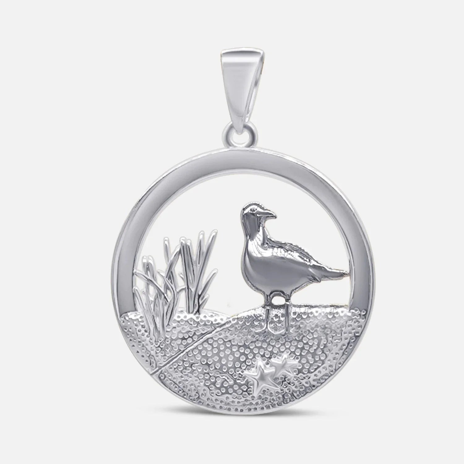 Silberner Anhänger mit Möwenmotiv, Dünen, Strandgras und Seestern, maritimer Schmuck