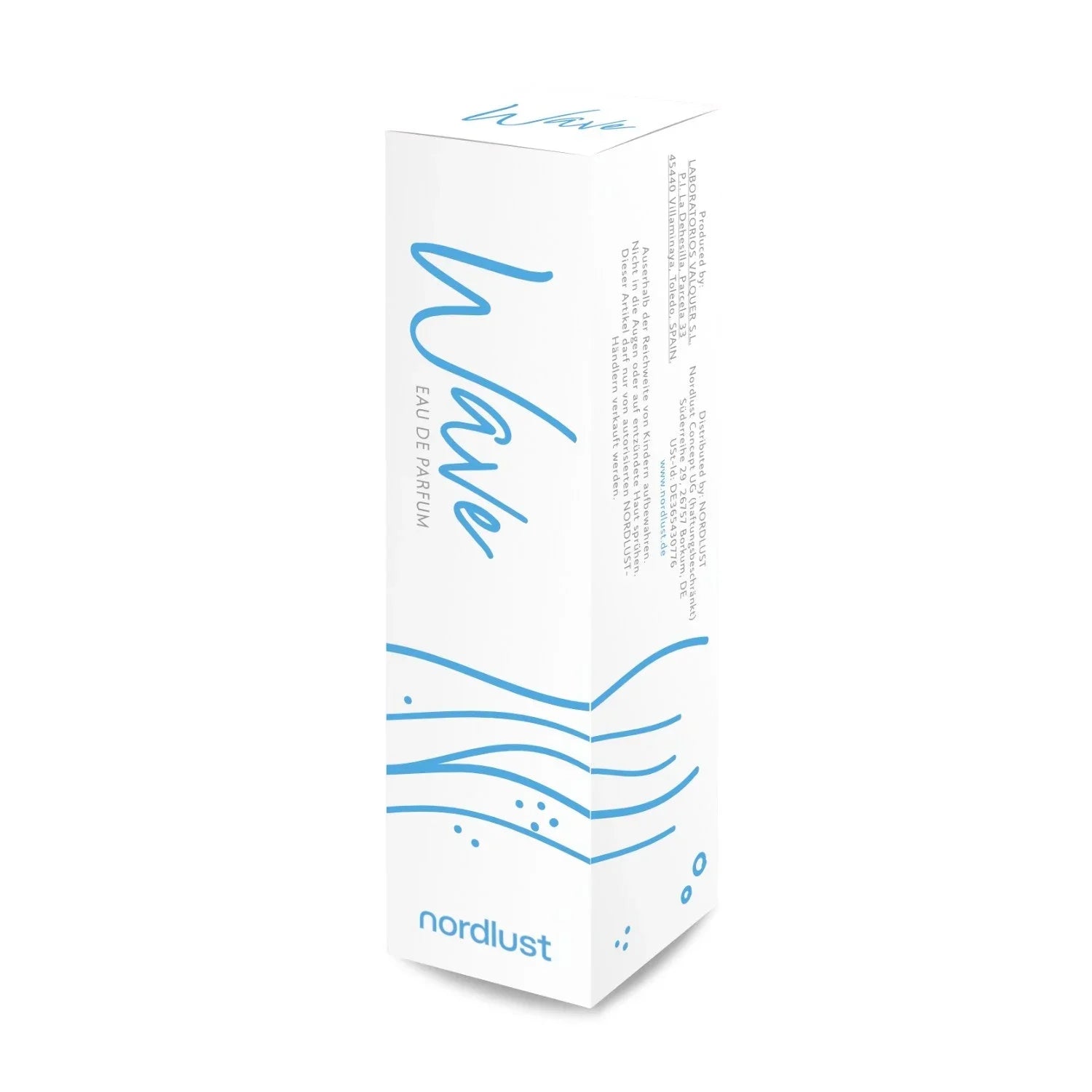 Weiße Parfümverpackung mit blauem Schriftzug Wave, maritimes Wellen-Design, Eau de Parfum.
