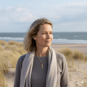 Frau am Strand mit goldener Seepferdchen-Kette, maritimer Schmuck, Meer im Hintergrund