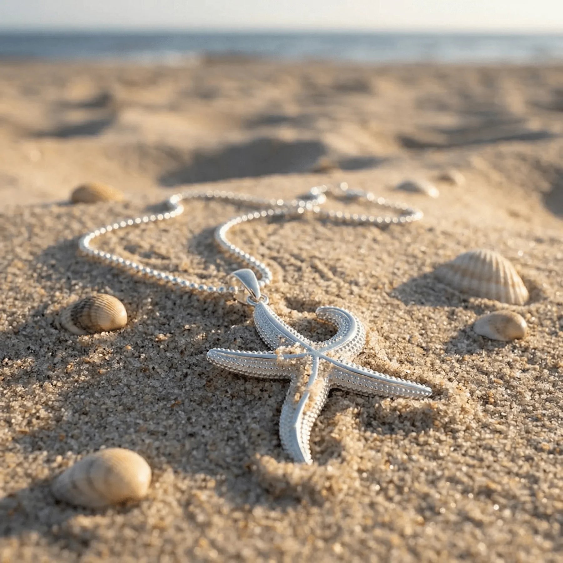 Silberner Seestern Anhänger Kette am Strand im Sand mit Muscheln und Meer im Hintergrund