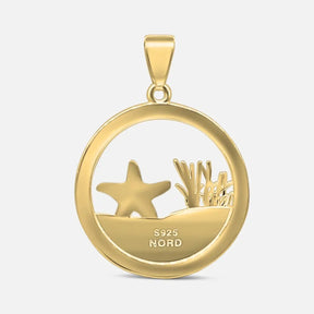 Goldener runder Anhänger mit Seestern und Koralle, maritimer Schmuck, Küstenmotiv